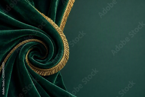 Emerald Green and Gold Velvet Curtain Swirl, Luxury Fabric Texture Background, Elegant Draped Textile Landscape with Copy Space