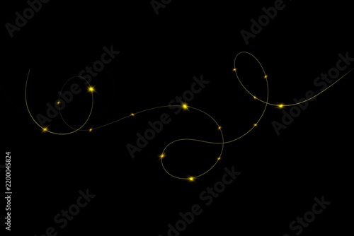 Curved thin glowing line with small golden stars and spark lights isolated on black background