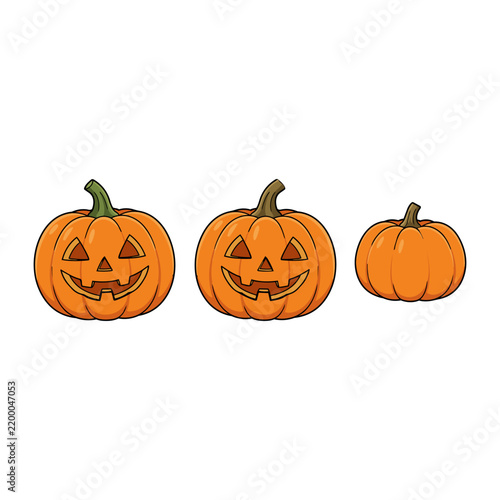 Set of cute cartoon Halloween pumpkins including two smiling jack-o-lanterns and one plain pumpkin, isolated on a white background.