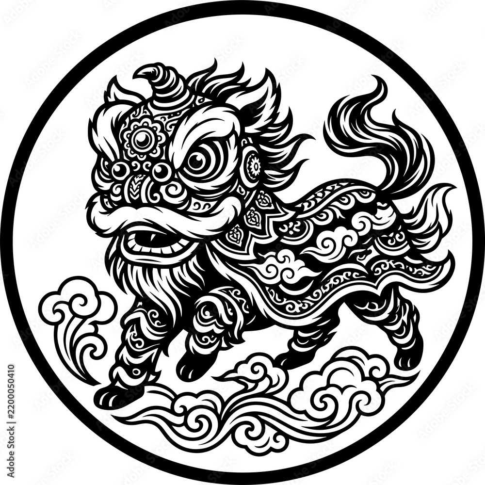 Obraz premium Traditional Chinese Lion Dance Mascot Round Emblem Vector Line Art