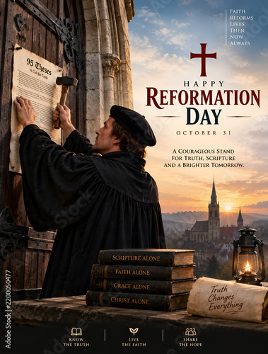 Happy reformation day october 31 historical christian church poster with scholar nailing thesis historical christian religion protestant building architecture document scripture devotion