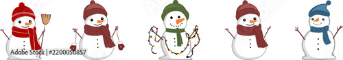 Cute snowman set with winter hats, scarves, broom, and Christmas lights, hand drawn cartoon snowmen collection on white background