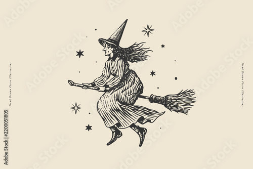 Vintage Witch Flying on Broomstick Illustration. Hand drawn vintage witch flying on a broomstick among stars, creating a classic Halloween magic and folklore illustration.