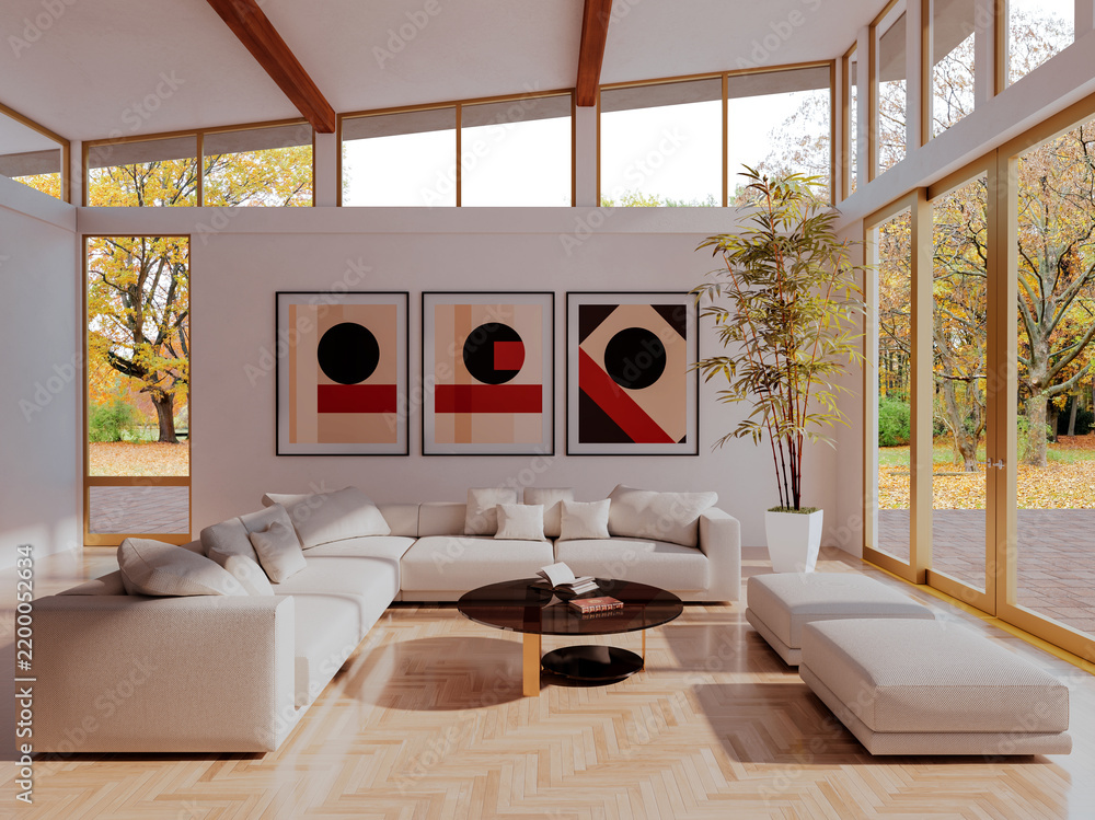Fototapeta premium 3D rendering, 3d illustration, Large Luxury modern living room interior, brutalist architecture realistic lighting, Graphic Overlay wide angle, contemporary furniture, clean lines, minimalist decor,