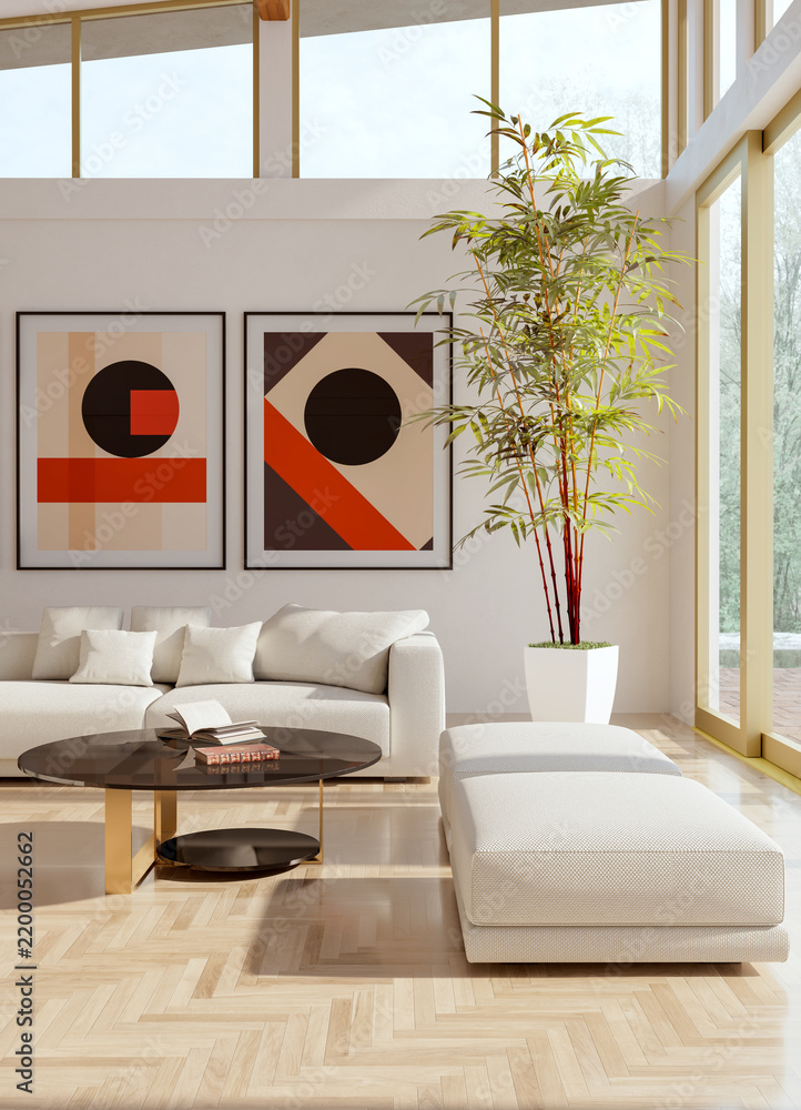 Obraz premium 3D rendering, 3d illustration, Large Luxury modern living room interior, brutalist architecture realistic lighting, Graphic Overlay wide angle, contemporary furniture, clean lines, minimalist decor,
