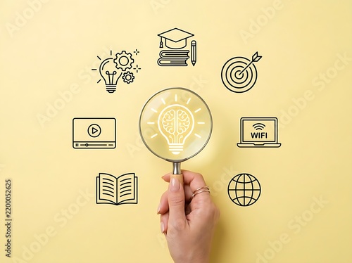 Hand holding magnifying glass over brain light bulb icon surrounding education online learning business icons concept