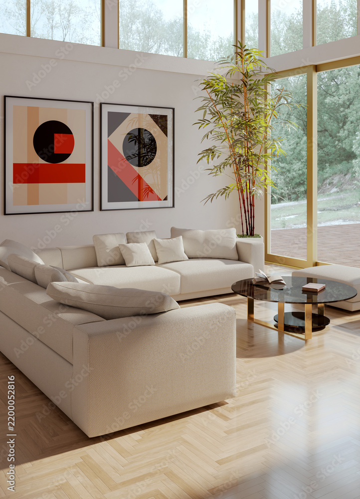 Obraz premium 3D rendering, 3d illustration, Large Luxury modern living room interior, brutalist architecture realistic lighting, Graphic Overlay wide angle, contemporary furniture, clean lines, minimalist decor,