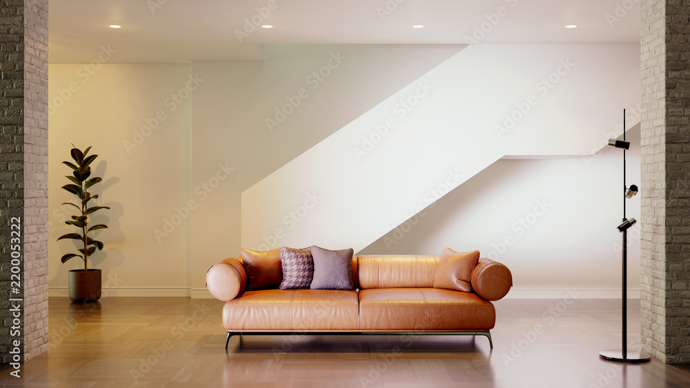 Obraz premium 3D rendering, 3d illustration, Large Luxury modern living room interior, brutalist architecture realistic lighting, Graphic Overlay wide angle, contemporary furniture, clean lines, minimalist decor,