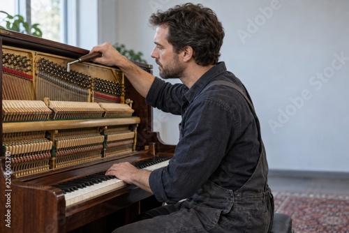 Piano technician tuning exposed upright piano strings