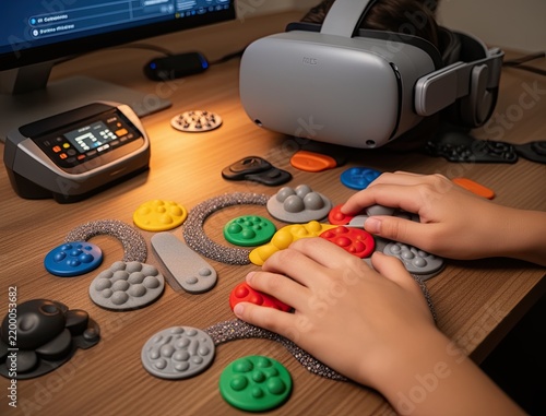 Virtual reality experience features hands interacting with colorful tactile fidget toys on wooden table. Soft lighting enhances focus on toys and technology