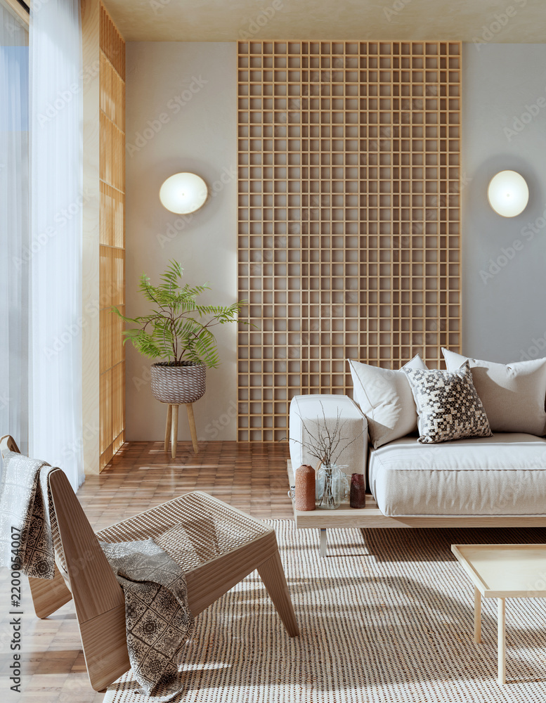 Fototapeta premium 3D rendering, 3d illustration, Large Luxury modern living room interior, brutalist architecture realistic lighting, Graphic Overlay wide angle, contemporary furniture, clean lines, minimalist decor,