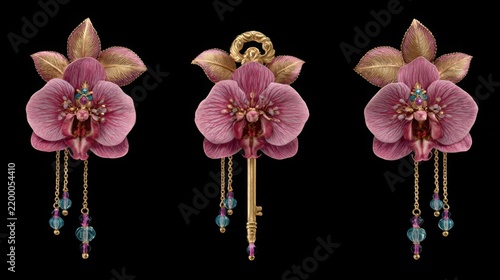 Artistic Pink Orchids with Golden Leaves, Chains and Colorful Glass Beads