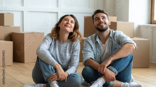 Happy Young Couple Sitting on Floor Dreaming About Their New Home and Furnishing