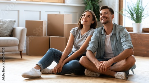 Happy Young Couple Sitting on Floor Dreaming About Their New Home and Furnishing