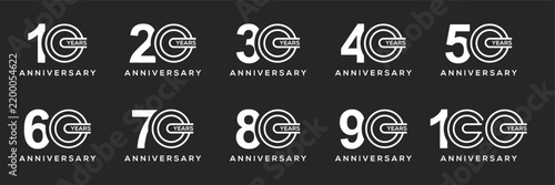 Collection set of numbers 10 to 100 Anniversary logo design. Birthday celebration logo symbol concept	
