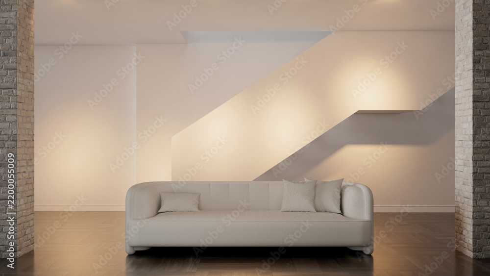 Obraz premium 3D rendering, 3d illustration, Large Luxury modern living room interior, brutalist architecture realistic lighting, Graphic Overlay wide angle, contemporary furniture, clean lines, minimalist decor,