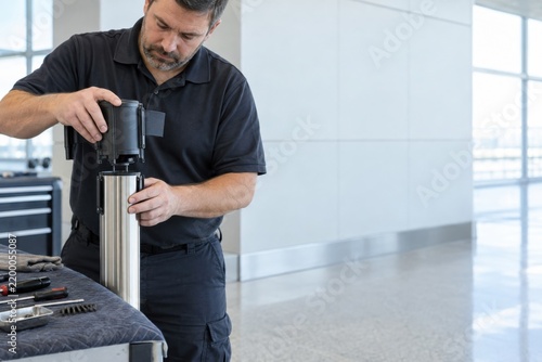 Airport technician reseating belt cassette in queue stanchion