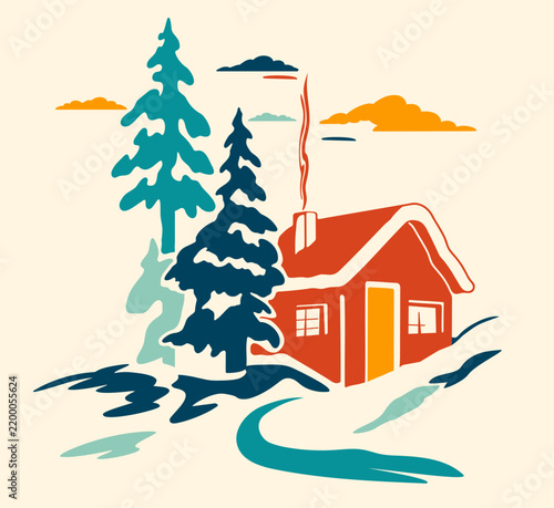 Snowy mountain cabin with evergreen trees and a winding path. Isolated hand drawn element in a flat style for bright and cozy winter aesthetic.
