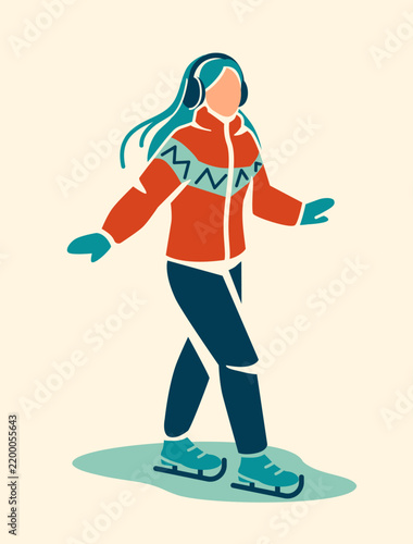 Hand drawn flat vector ice skater isolated on a plain background, representing winter outdoor leisure.