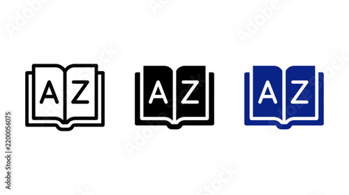 Set of dictionary book icons featuring letter typography in flat outline and solid styles