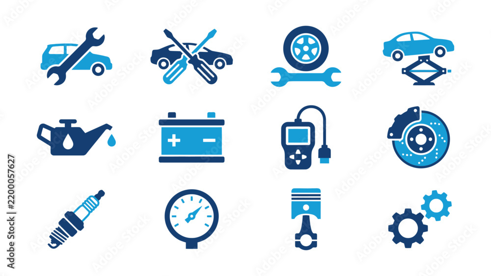 Fototapeta premium Collection of flat design icons representing various car maintenance and repair tools