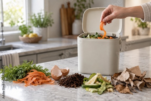 Kitchen scraps sorted beside countertop compost caddy