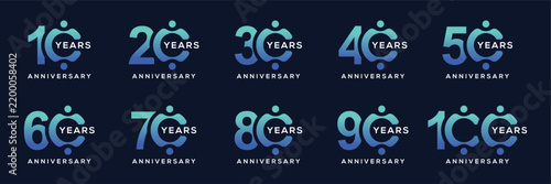 Collection set of numbers 10 to 100 Anniversary logo design. Birthday celebration logo symbol concept	