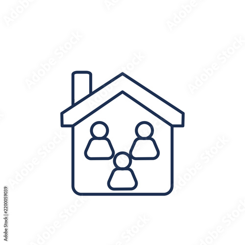 Family in House Icon Blue Line Art Residence Symbol