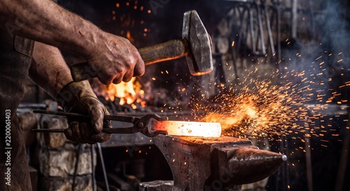 Blacksmith hammering glowing hot metal on an iron anvil inside a traditional rustic workshop with blacksmith strikes piece metal heavy hammer