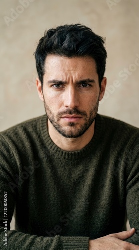 Serious Young Man in Green Sweater.