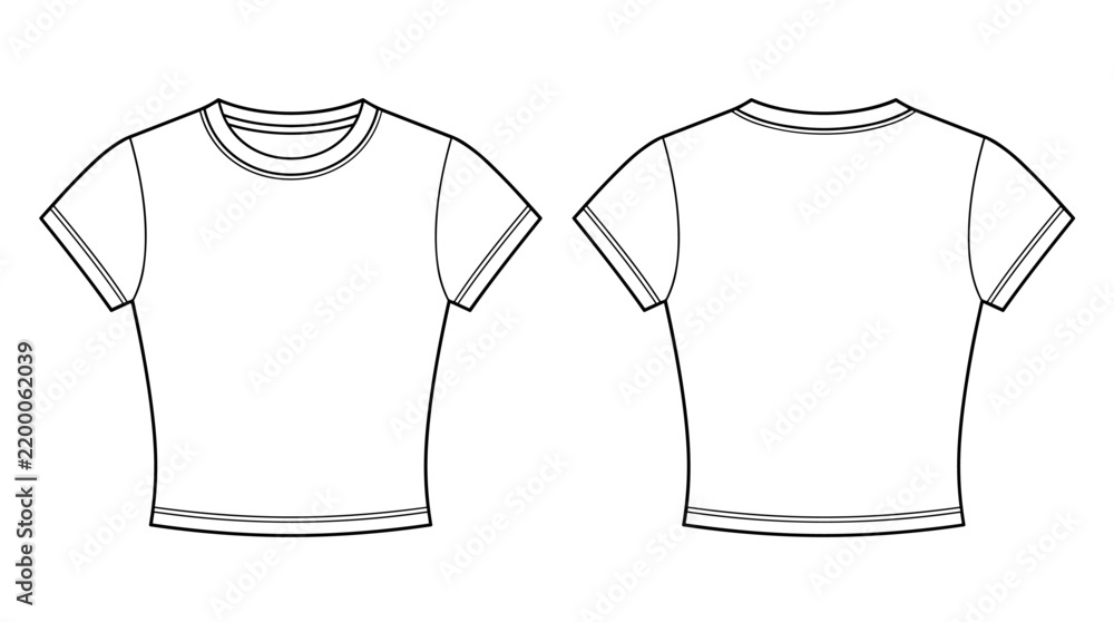 Obraz premium Slim-fit crop t-shirt technical fashion illustration with crew neckline, short sleeves, short length. Flat feminine basic apparel template front, back, white color. Women girl top CAD mockup
