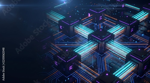 Quantum Computing Matrix Network Nodes With Glowing Neon Data Streams