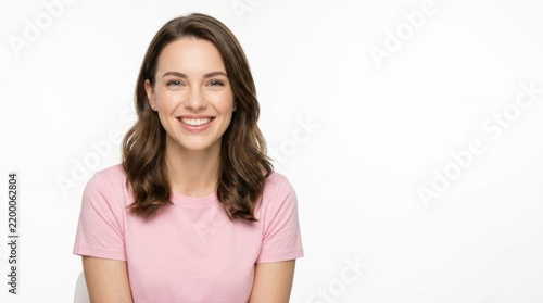 Happy Young Woman Smiling on White Background.