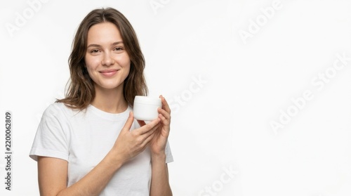 Smiling Woman Holding White Cup.