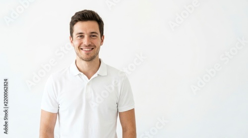 Smiling Young Man in White Polo Shirt.