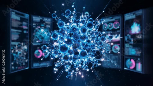 Abstract digital molecule expanding with glowing data screens in dark futuristic environment