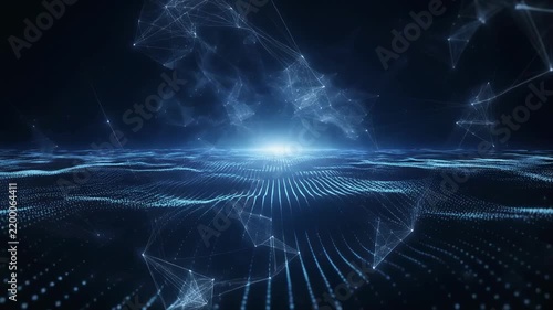 Abstract digital landscape with glowing light and atmospheric particles during a cinematic sweep across a dark background