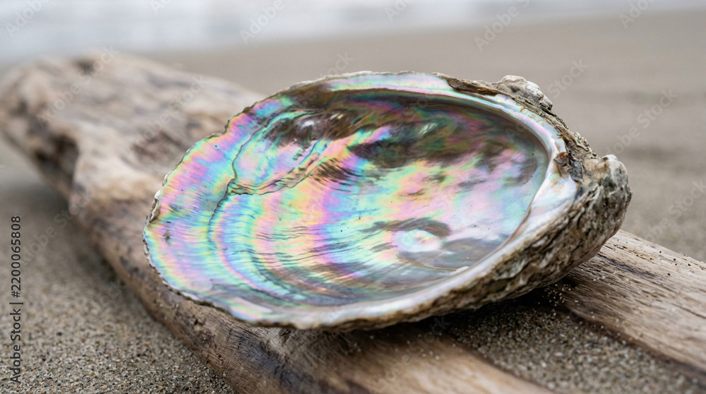 Obraz premium Iridescent Abalone Shell Resting on Beach Driftwood