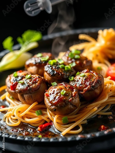 Asian-style teppanyaki dish featuring stuffed shiitake mushrooms with vermicelli noodles, ||shiitake mushrooms, plate
