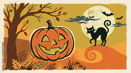 Retro Vintage Halloween Poster Art with Jack-o'-Lantern and Black Cat
