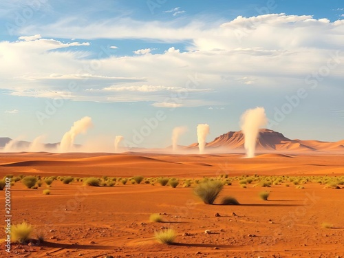 Desert landscape with dust devils rising from the ground, dry, arid