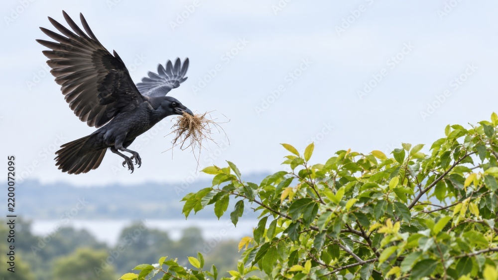 Obraz premium Black Crow Bird Flying Through Blue Sky Carries Dry Grass Nesting Material Toward Green Leafy Canopy Overlooking Scenic Summer Lake Landscape