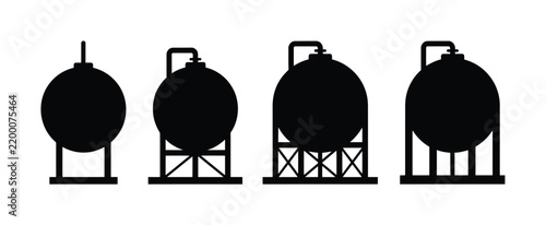 Set of four industrial spherical storage tank silhouettes