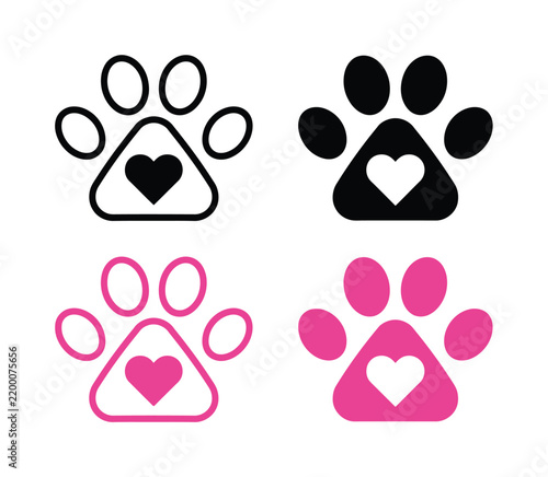 Set of four paw print with hearts in black and pink colors