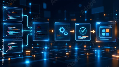 Obraz na płótnie Futuristic digital flowchart interface displaying automated software development lifecycle data processing workflow and programming algorithms.