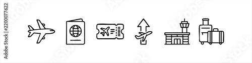 Set of travel and tourism line art icons depicting airplane, passport, ticket, flight takeoff, airport terminal, and luggage in a hand-drawn style