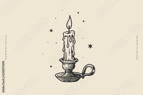 Burning candle with melting wax in a vintage candlestick surrounded by stars. Hand-drawn engraving style illustration for posters, prints, packaging, branding, and mystical designs.