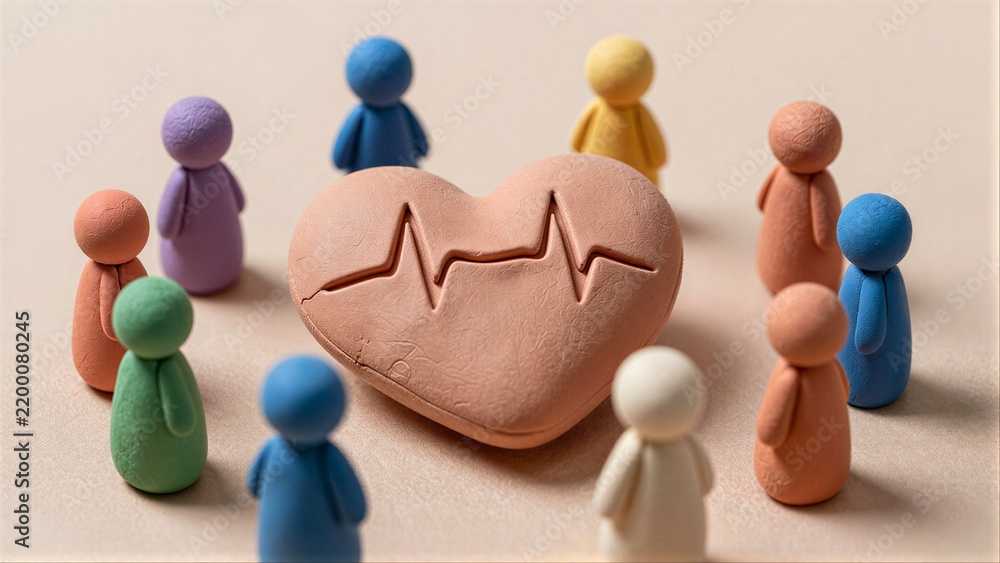 Obraz premium Clay figures surround a heart with heartbeat pattern, symbolizing care and connection.