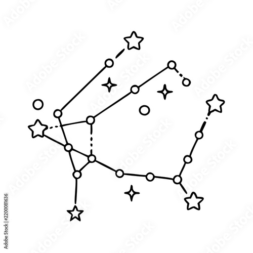Minimalist constellation and star connection illustration - Clean line drawing showing stars and their connections forming a constellation shape with dotted lines.