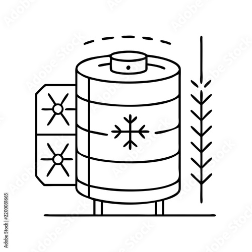 Water tank with snowflakes and insulation panels - Isolated vector image of a cylindrical water tank featuring snowflakes and insulation panels for cold weather protection.